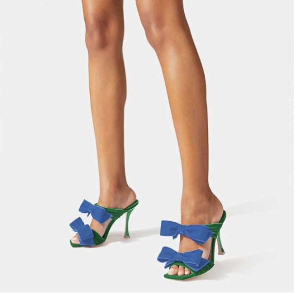 FSJ Green Sexy Two Bows Open Toe Mules High Heel Slip On Party Evening Sandals